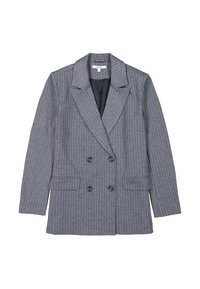Blazer gris à rayures avec un design croisé, larges revers, deux poches à l'avant et doublure noire. Tissu lisse avec un aspect texturé.