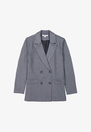 Grijze streepjasje met een dubbel onderhoud ontwerp, brede revers, twee voorsockets en zwarte voering. Glad stof met een gestructureerde uitstraling.