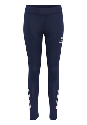 Leggings navy avec une texture lisse, arborant un logo blanc et trois bandes diagonales sur les côtés. Design taille haute pour le confort.