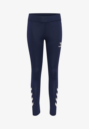 Leggings navy avec une texture lisse, arborant un logo blanc et trois bandes diagonales sur les côtés. Design taille haute pour le confort.