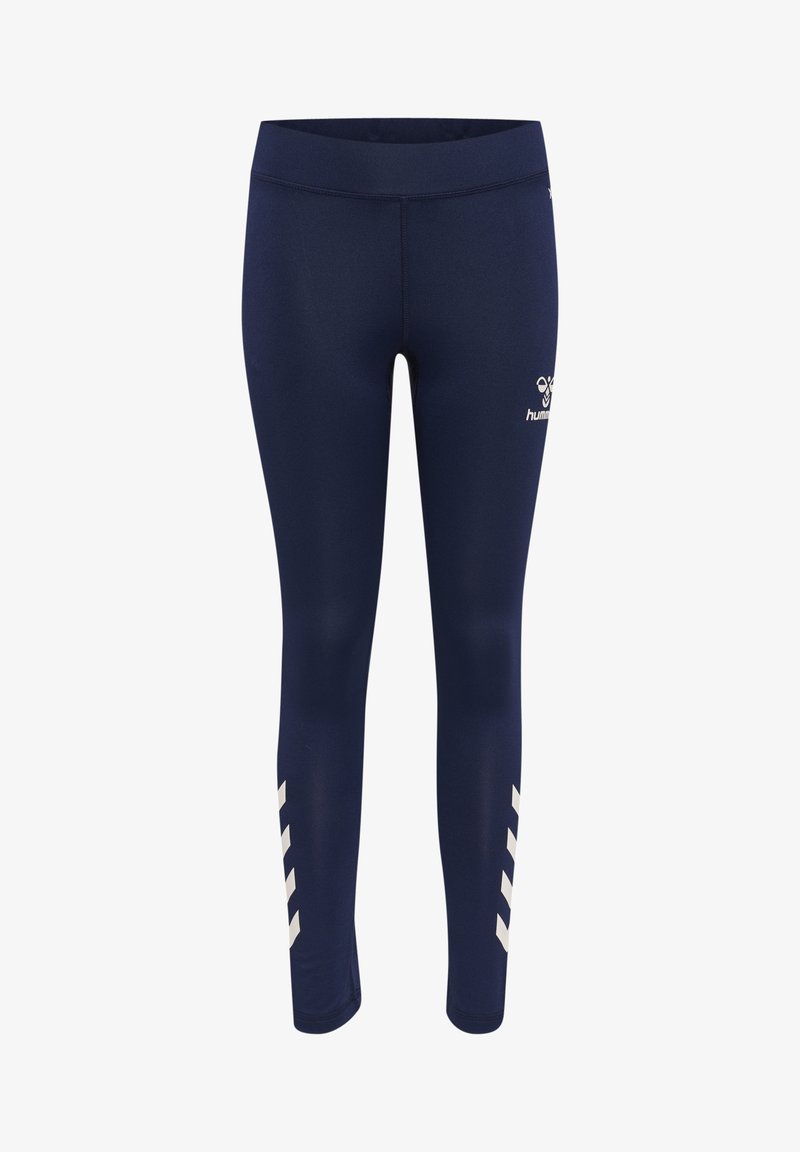 Marineblauwe leggings met een gladde textuur, voorzien van een wit logo en drie diagonale strepen langs de zijkanten. Hoge tailleontwerp voor comfort.