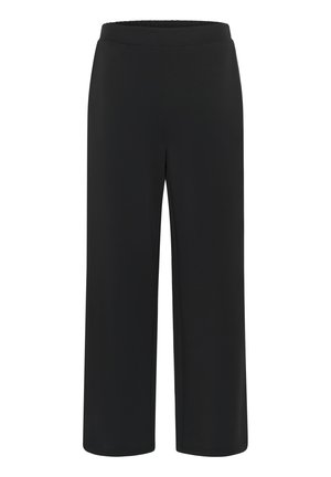 Pantalon noir à jambes larges avec une taille haute élastique, coupe droite, sans poches visibles ni ornements.