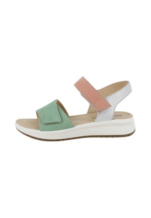Sandalo da donna con punta aperta, suola bianca imbottita, cinturino frontale verde, cinturino rosa alla caviglia e cinturino argento al tallone, tutti con chiusura in velcro.