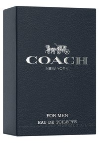 Mörkblå rektangulär låda med texturerad yta, präglad silverlogotyp som läser "COACH NEW YORK." Innehåller "FÖR MÄN" och "EAU DE TOILETTE."