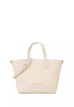 Borsa tote beige Valentino con due manici superiori, tracolla regolabile e logo del brand discreto al centro frontale.