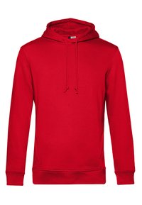 Felpa con cappuccio rosso realizzata in morbido tessuto. Caratterizzata da maniche lunghe, una tasca frontale e cordini regolabili sul cappuccio.