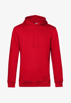 Rød hættebluse lavet af blødt stof. Har lange ærmer, en frontlomme og justerbare snore i hætten.