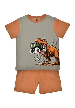 Short-sleeve gray and orange kids' outfit with a roaring T-Rex biting a green tractor on the shirt front, paired with solid orange shorts.