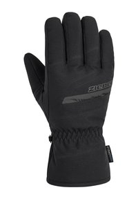 Black winter glove made of textured fabric with a ribbed wrist, featuring a logo, reinforced palm, and a snug fit for warmth.