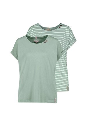 Two green short-sleeve shirts, one solid color with rolled sleeves and two buttons near the neck, one with white horizontal stripes and matching buttons.