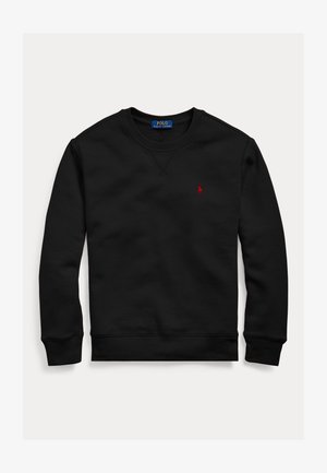 Sweat-shirt noir à manches longues avec col rond, logo Polo Ralph Lauren rouge brodé sur la poitrine, poignets et bas-côtes côtelés.