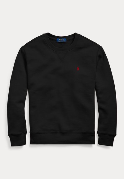 Hanorac negru cu mâneci lungi și guler rotund, cu logo Polo Ralph Lauren brodat roșu pe piept și manșete și tiv striate.