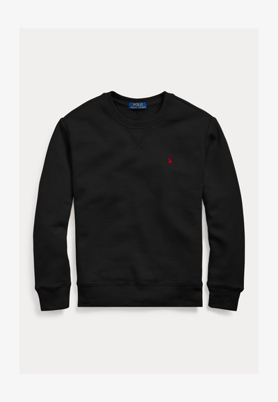 Sweat-shirt noir à manches longues avec col rond, logo Polo Ralph Lauren rouge brodé sur la poitrine, poignets et bas-côtes côtelés.