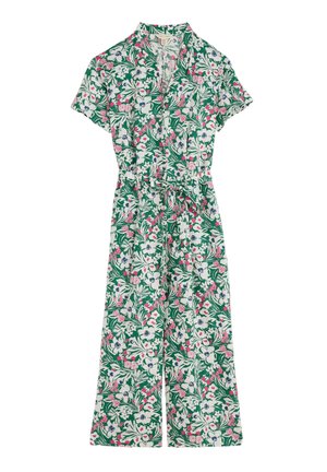 Virágmintás overall rövid ujjakkal, zöld háttérrel, rózsaszín és kék virágokkal, megkötött derékkal és széles lábazattal, gallérral.