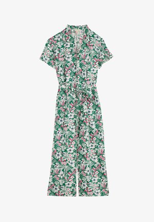 Ziedotu kombinezons ar īsām piedurknēm, zaļš fons, rozā un zilu ziedu raksts, savilkti jostasvietā, plata kāju dizaina ar apkakli.
