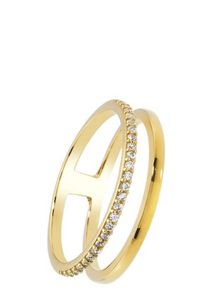 Gold-tone ring set featuring two bands. One has a polished finish, while the other is set with small, round clear stones along the edge.