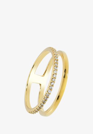 Goldfarbener Ring-Set mit zwei Bändern. Eines hat eine polierte Oberfläche, das andere ist mit kleinen, runden, klaren Steinen entlang der Kante besetzt.