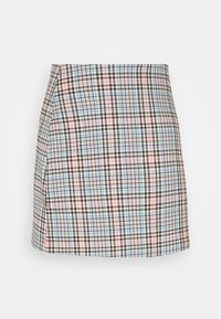 Ruudullinen mini-hame puuvillasekoitetta, jossa on monivärinen ruutukuosi punaisilla, sinisillä ja mustilla linjoilla. Suora leikkaus ja sivusauma.