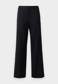 Melnās svītrainās bikses ar taisnu kāju dizainu, gludu tekstūru, piegriezuma vidukli un smalku detaļu gar svītrām.