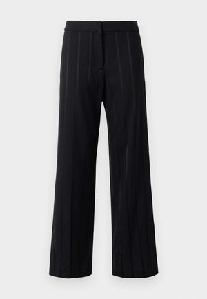 Sorte bindestreger bukser med lige ben, glat tekstur, skræddersyet talje og subtile detaljer langs striberne.