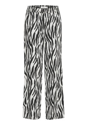 Schwarz-weiße Zebramuster-Hosen mit weitem Bein, elastischem Bund und glatter Textur, die ein fließendes Design und eine lockere Passform bieten.