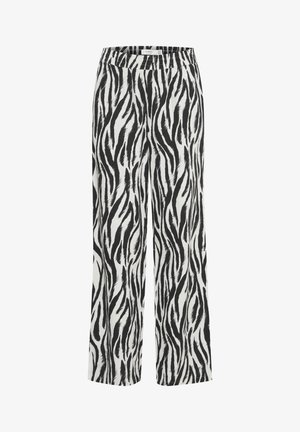 Pantalóny s širokými nohavicami v čierno-bielom zebra vzore, s elastickým pásom a hladkou textúrou, s plynulým dizajnom a voľným strihom.