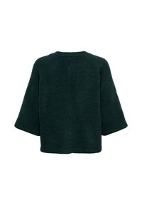 Pull ample de couleur vert foncé avec des manches larges aux trois quarts et un col rond, vu de dos sur un fond blanc.