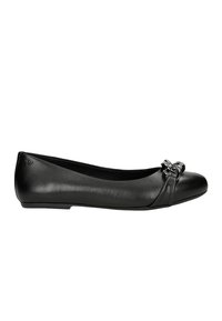 Schwarze Leder-Ballerinas mit einer abgerundeten Zehenpartie, die mit einem dekorativen Knoten-Akzent und einer flachen Sohle ausgestattet sind. Glatte Textur mit minimalen Designdetails.