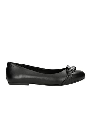 Black leather ballet flats with a rounded toe, featuring a decorative knot accent and a flat sole. Smooth texture with minimal design details.