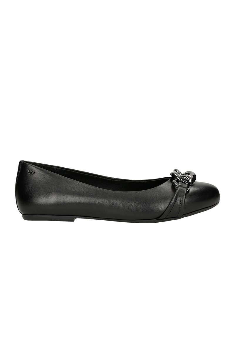 Schwarze Leder-Ballerinas mit einer abgerundeten Zehenpartie, die mit einem dekorativen Knoten-Akzent und einer flachen Sohle ausgestattet sind. Glatte Textur mit minimalen Designdetails.