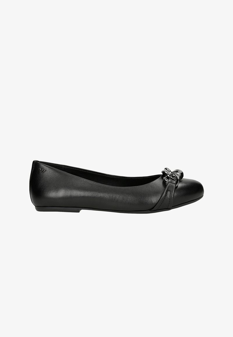 Schwarze Leder-Ballerinas mit einer abgerundeten Zehenpartie, die mit einem dekorativen Knoten-Akzent und einer flachen Sohle ausgestattet sind. Glatte Textur mit minimalen Designdetails.
