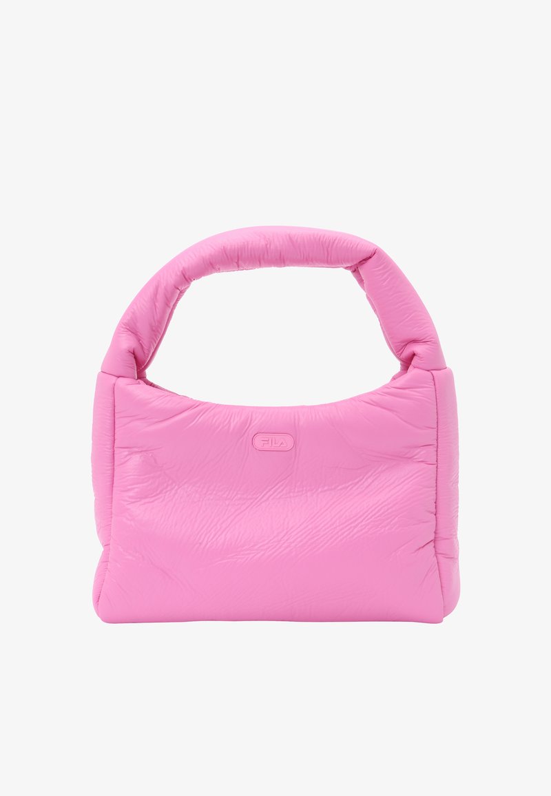 Rosa polstret håndtaske med tykt håndtag og diskret FILA-logo centralt placeret på forsiden, vist mod en hvid baggrund.