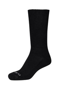 Schwarze Baumwollcrewsocke mit gerippter Textur, verstärkter Zehenpartie und glatter Oberfläche. Keine sichtbaren Muster oder Akzente.