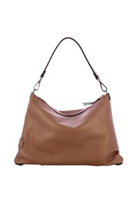 Borsa hobo in pelle marrone con finitura testurizzata, forma curva e una sola tracolla. Presenta una chiusura superiore con zip e hardware minimale.