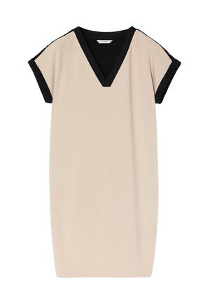 Rochie bej cu decolteu în V și margine neagră la mâneci și decolteu. Fabricată dintr-un material moale, are o croială lejeră și un tăiat drept.