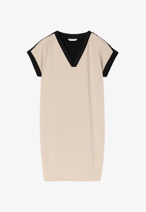 Bež haljina s V-izrezom i crnim obrubom na rukavima i izrezu. Izrađena od mekog materijala, ima opušteni kroj i ravnu siluetu.