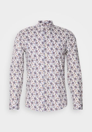 Lange mouwen shirt gemaakt van witte stof met een bloemenpatroon in blauw, roze en bruin, met een kraag met knopen en een normale pasvorm.