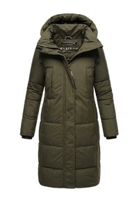 Olive green padded coat with a high collar, front zip closure, and two front pockets. Features stitched panels and adjustable hood.