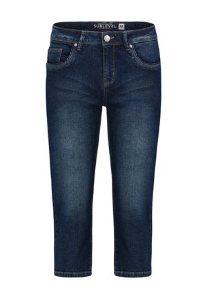 Dunkelblaue, verkürzte Jeans mit vorderem Knopf, Reißverschluss, Gürtelschlaufen und Fünf-Taschen-Design, Größe Medium.