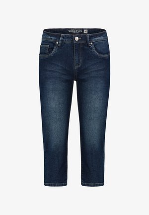 Dunkelblaue, verkürzte Jeans mit vorderem Knopf, Reißverschluss, Gürtelschlaufen und Fünf-Taschen-Design, Größe Medium.