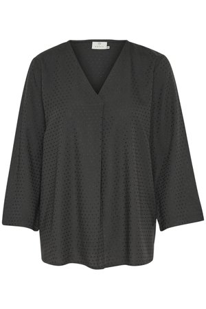 Schwarze Bluse mit dreiviertel Ärmeln und V-Ausschnitt, strukturiert mit kleinen Punkten, mit lockerer Passform und leichtem Stoff.