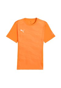 T-shirt a maniche corte, con collo a giro, di colore arancione brillante, realizzato in tessuto leggero con una texture sottile e un logo bianco a contrasto sul petto.