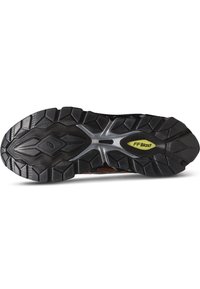 Sole di scarpa sportiva nera con battistrada robusto, dotata di un inserto di ammortizzazione FF Blast grigio e giallo e superficie testurizzata per una buona aderenza.