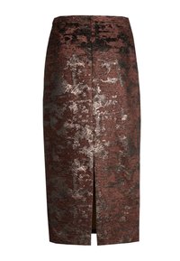 Brauner knielanger Rock mit einem strukturierten Blumenmuster in Bronze und Schwarz. Verfügt über einen Schlitz vorne und ein figurbetontes Design.