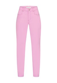 Jeans ajustados rosas con un diseño de cinco bolsillos y cierre de cremallera. Cuenta con pasadores para cinturón y acentos metálicos en los bolsillos y la cinturilla.