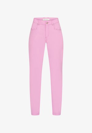 Rosa, tætsiddende jeans med fem lommer og lynlås. Har bæltestropper og metaldetaljer på lommerne og taljen.