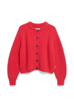 Cardigan en tricot rouge avec un col rond, des manches longues et sept boutons noirs sur le devant. Design côtelé texturé.