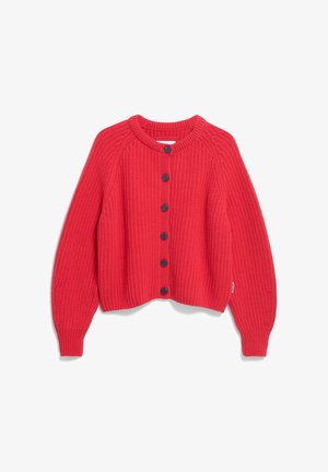 Rode gebreide cardigan met een ronde halslijn, lange mouwen en zeven zwarte knopen aan de voorkant. Gestructureerd ribdesign.