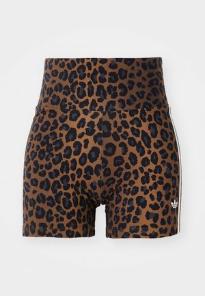 Pantalones cortos de leopardo en marrón y negro, con una cintura alta y sutiles rayas blancas en los laterales, hechos de una tela elástica.