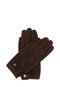 Mânuși din suede maro cu cinci degete, textură netedă, detalii cusute și un mic accent metalic near încheietura mâinii.